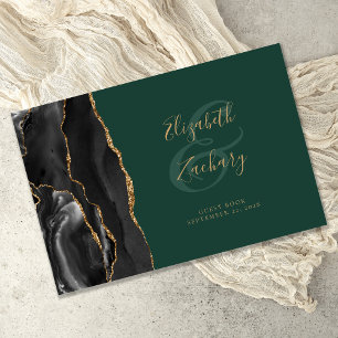 Modern Black Agate Gold Script Emerald Green Guest Book