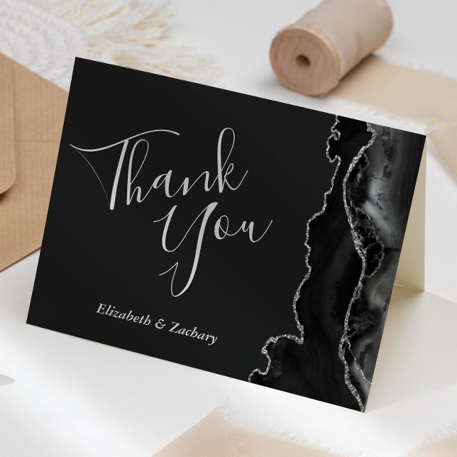 Modern Black Agate Silver Dark Wedding Thank You Card (Creator Uploaded)