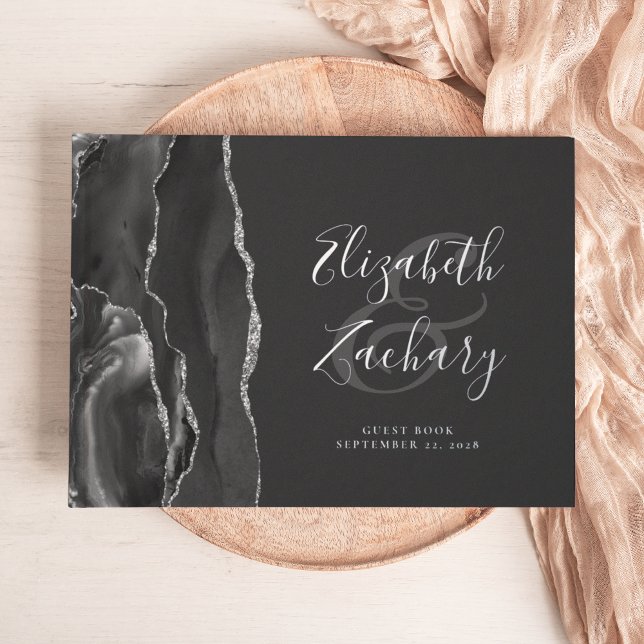 Modern Black Agate Silver Script Dark Guest Book (Creator Uploaded)