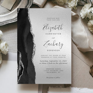 Modern Black Agate Silver Wedding Invitation