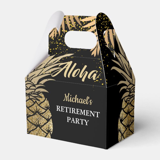 Modern Black Aloha Tropical Pineapple Retirement Favor Box (Front Side)