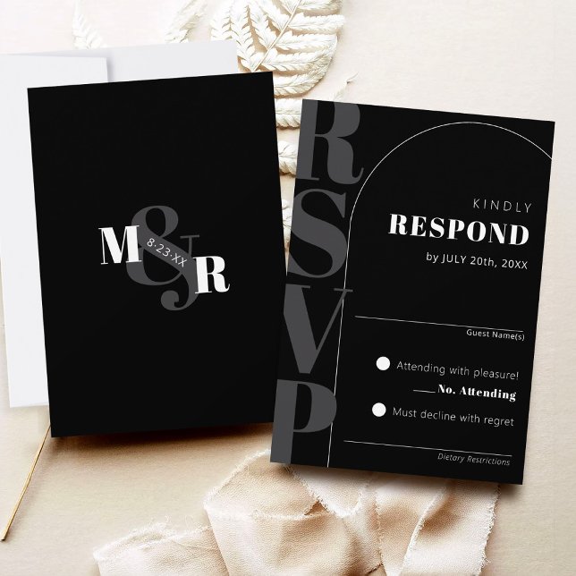 Modern Black Ampersand Arch Wedding RSVP Card (Classy black arch matching modern wedding invitation RSVP card, ampersand monogram Dk gray and white)