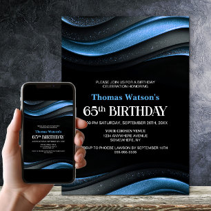 Modern Black and Blue 65th Birthday Party Invitation