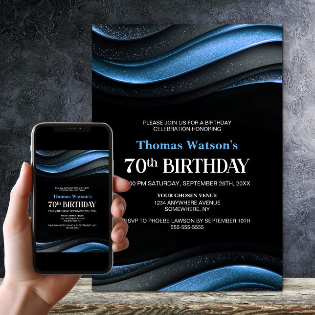 Modern Black and Blue 70th Birthday Party Invitation (Creator Uploaded)