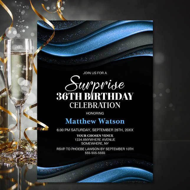 Modern Black and Blue Any Age Surprise Birthday Invitation (Creator Uploaded)