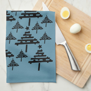 Modern Black and Blue Christmas Tree Pattern Kitchen Towel