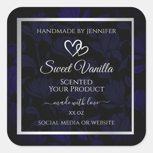 Modern Black and Blue Floral Product Labels Silver (Front)
