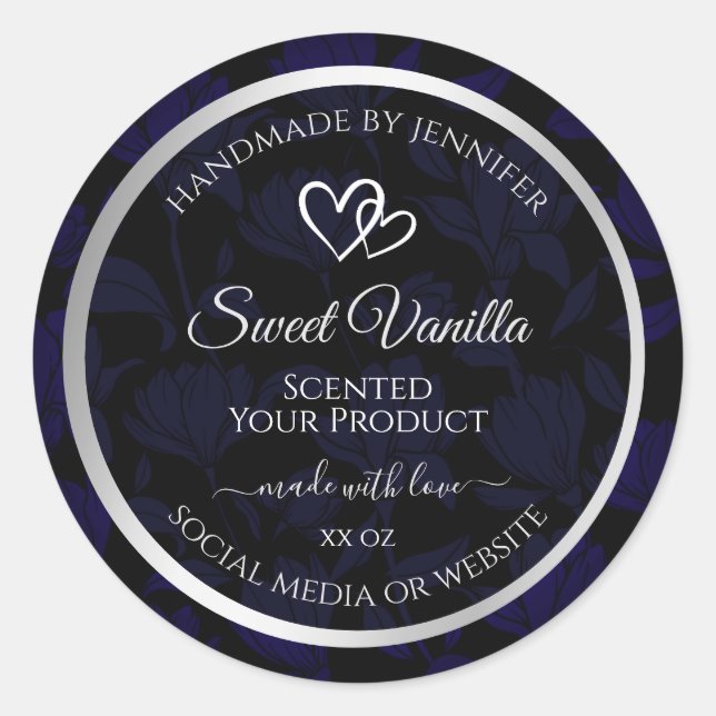 Modern Black and Blue Floral Product Labels Silver (Front)