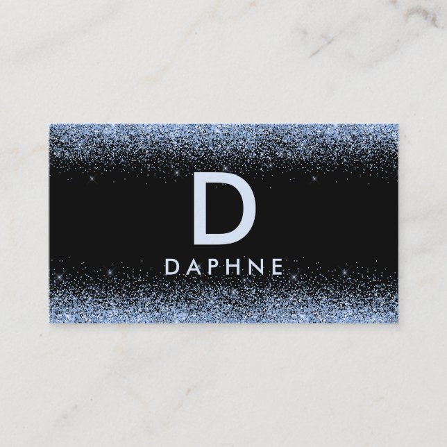 Modern black and blue glitter initial monogram business card (Front)