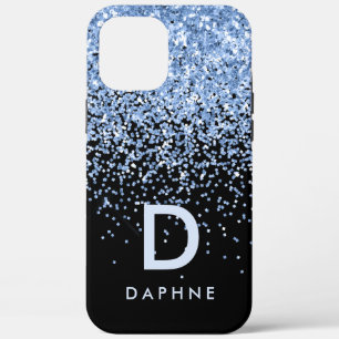 Modern black and blue glitter initial monogram iPhone 12 pro max case