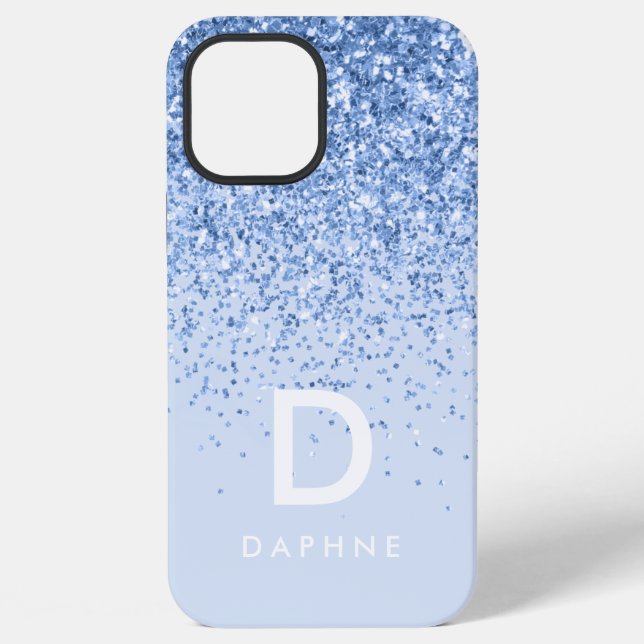Modern black and blue glitter initial monogram iPhone case (Back)