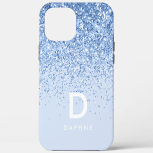 Modern black and blue glitter initial monogram iPhone 12 pro max case