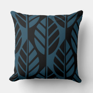 Modern Black and Blue Leaves Pattern Throw Pillow