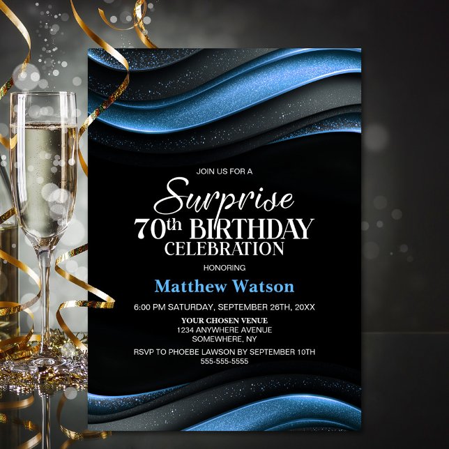 Modern Black and Blue Surprise 70th Birthday Party Invitation (Creator Uploaded)