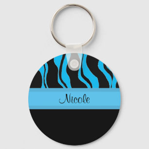 Modern Black and Blue Zebra Personalized Keychain