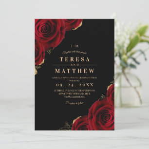 Modern Black and Burgundy Roses Wedding Invitation