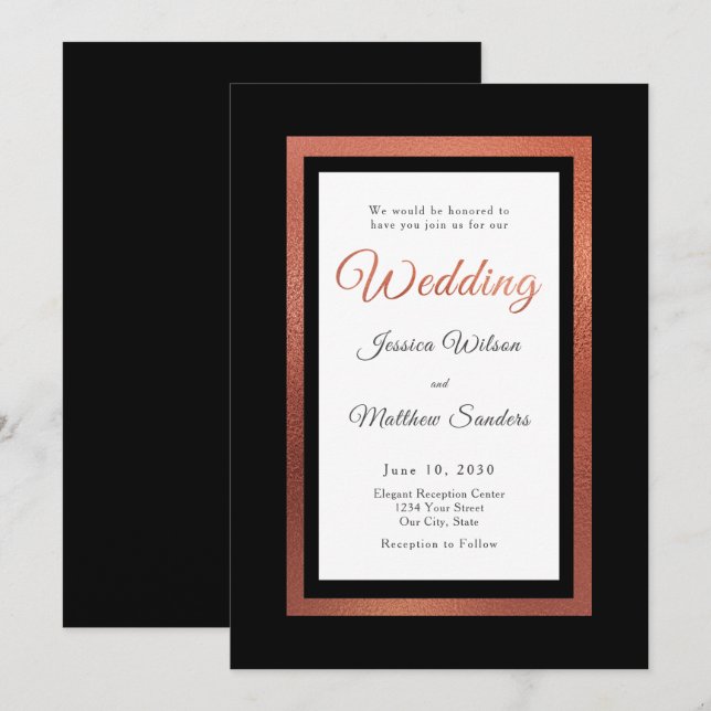 Modern Black and Copper Elegant Formal Wedding Invitation (Front/Back)