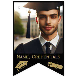 Modern Black and Gold 16-Photo Grad Cap, Diploma Bunting Flags