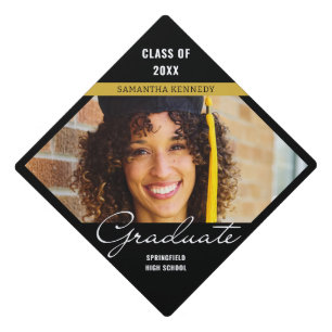 Modern Black and Gold 2025 Graduation Photo Cap Topper