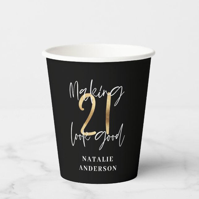 modern black and gold 21st birthday party paper cups (Front)