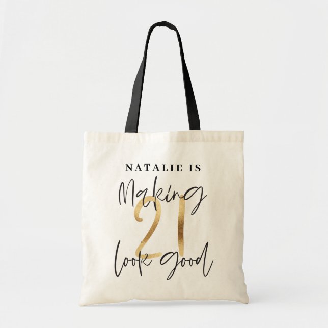 Modern black and gold 21st birthday personalized tote bag (Front)