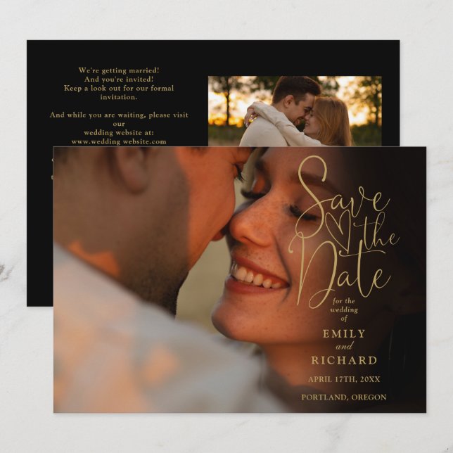 Modern Black And Gold 2 Photo Wedding QR Code Save The Date (Front/Back)
