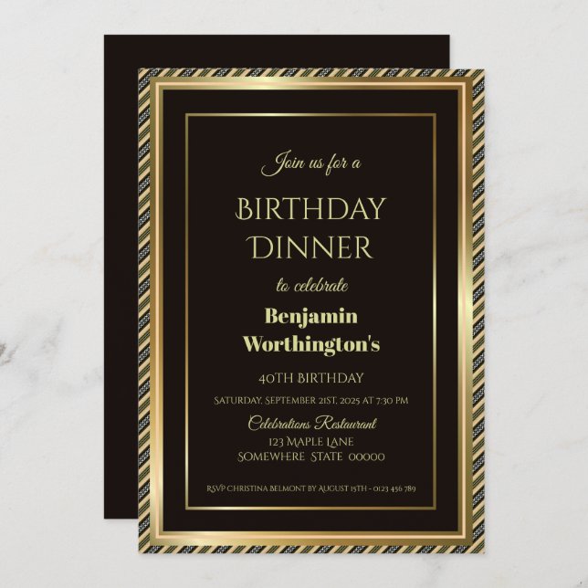 Modern Black and Gold 40th Birthday Dinner Invitation (Front/Back)