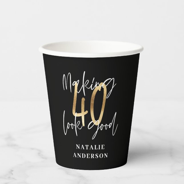 modern black and gold 40th birthday party  paper cups (Front)