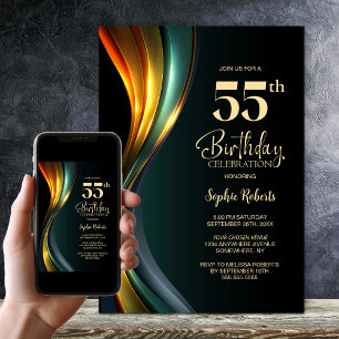 Modern Black and Gold 55th Birthday Party Invitation