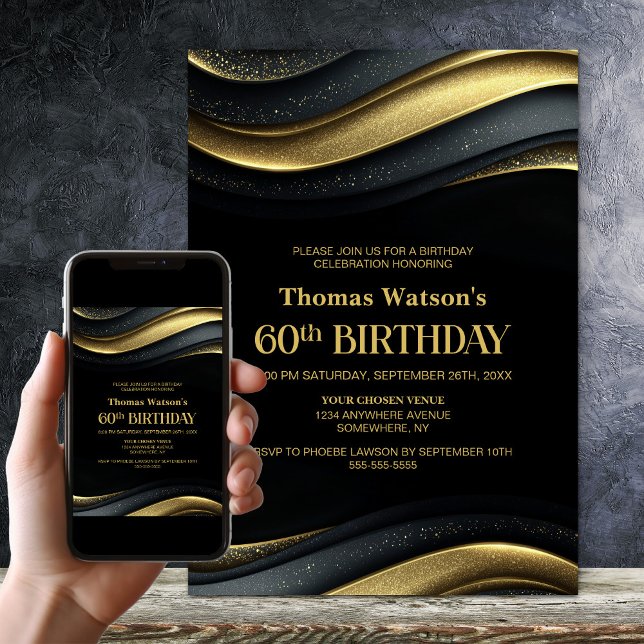 Modern Black and Gold 60th Birthday Party Invitation (Creator Uploaded)