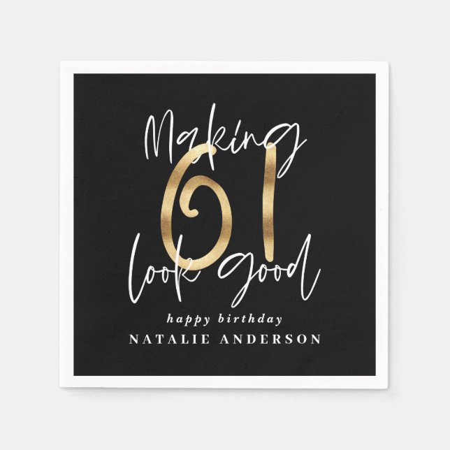 Modern black and gold 61st birthday celebration napkin (Front)