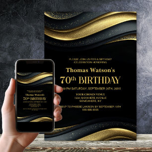Modern Black and Gold 70th Birthday Party Invitation