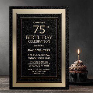 Modern Black and Gold 75th Birthday Party Invitation