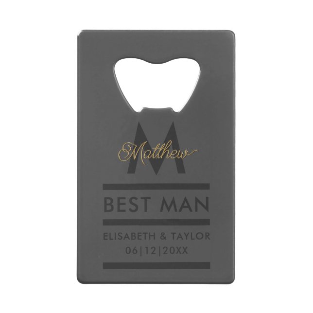 Modern Black and Gold Add Name & Monogram Best Man Credit Card Bottle Opener (Front)