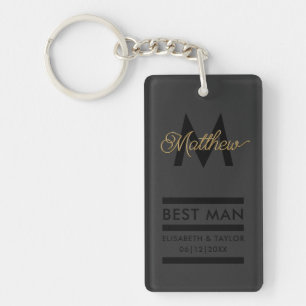 Modern Black and Gold Add Name & Monogram Best Man Keychain