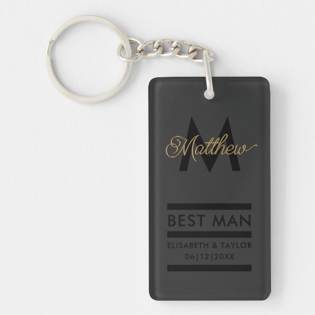 Modern Black and Gold Add Name & Monogram Best Man Keychain (Front)