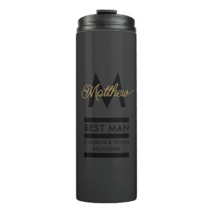 Modern Black and Gold Add Name & Monogram Best Man Thermal Tumbler