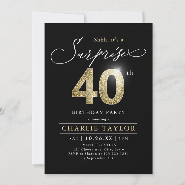 Modern black and gold adult surprise 40th birthday invitation (Front)