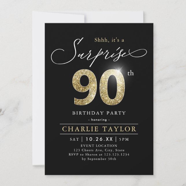 Modern black and gold adult surprise 90th birthday invitation (Front)