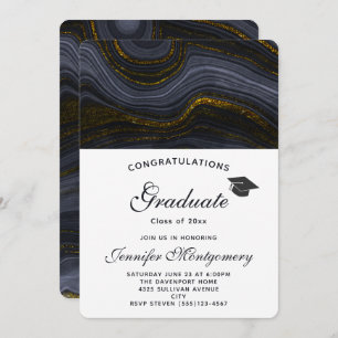 Modern Black and Gold Agate & Graduation Cap Invitation