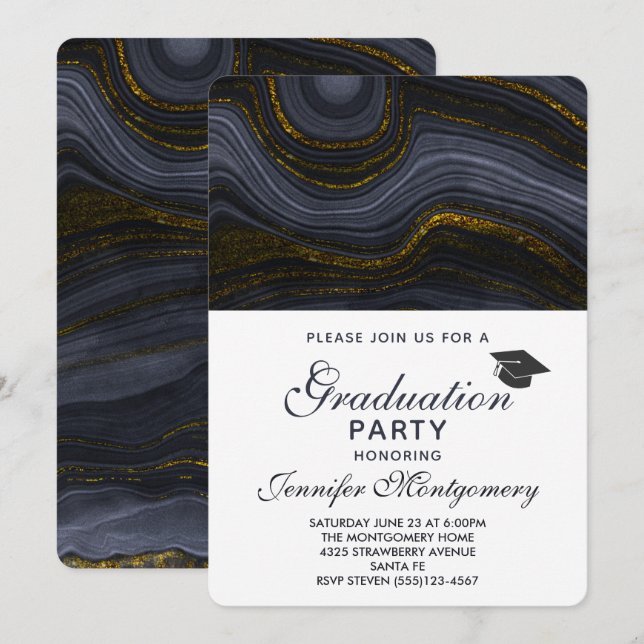 Modern Black and Gold Agate & Graduation Cap Invitation (Front/Back)