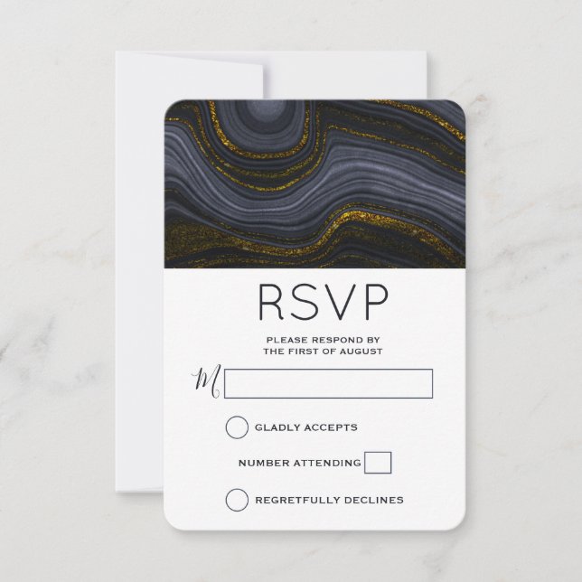 Modern Black and Gold Agate Stone Abstract Wedding RSVP Card (Front)