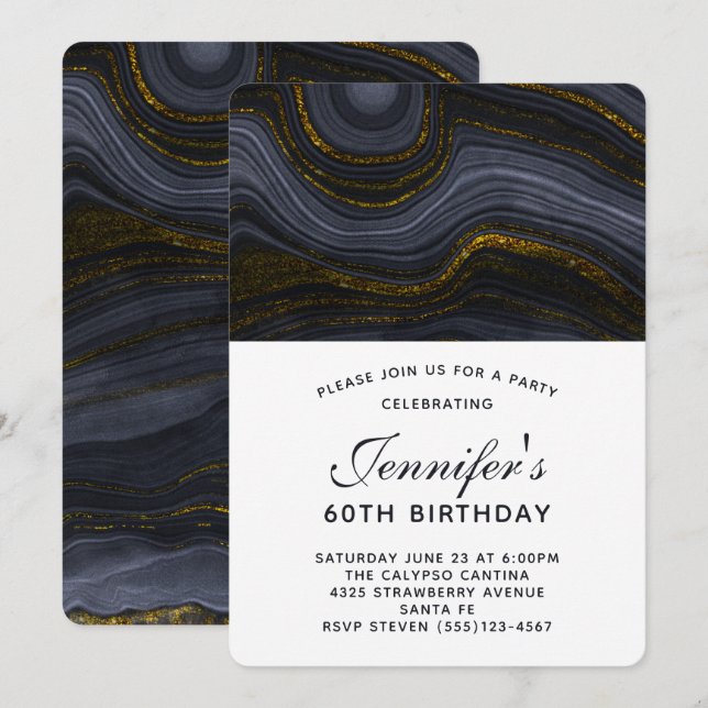 Modern Black and Gold Agate Stone Birthday Invitation (Front/Back)