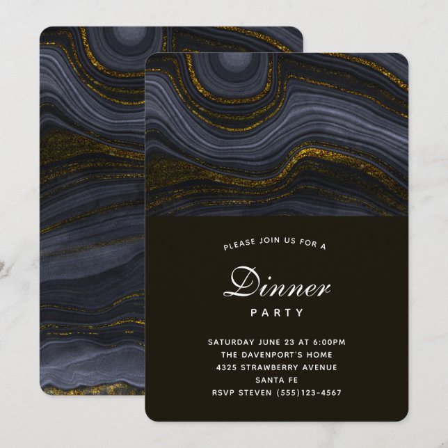 Modern Black and Gold Agate Stone Dinner Party Invitation (Front/Back)