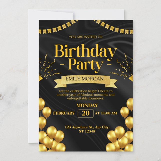 Modern Black and Gold balloon invitation birthday  (Front)