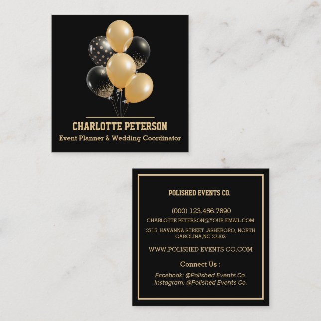 Modern Black and Gold  Balloons Event Planner Square Business Card (Front/Back)