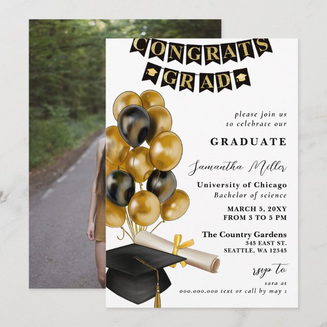 Modern Black and Gold Balloons Photo Graduation Invitation (Front/Back)