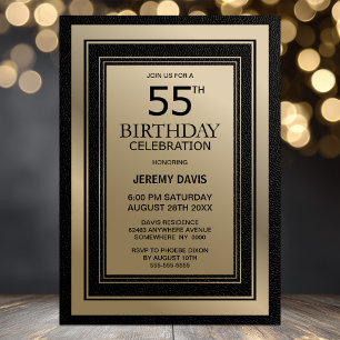 Modern Black and Gold Border 55th Birthday Party Invitation