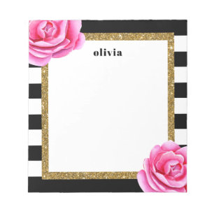 Modern Black and Gold Bright Flower Personalized Notepad
