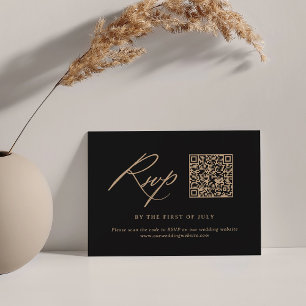 Modern Black and Gold Calligraphy Wedding QR code RSVP Card
